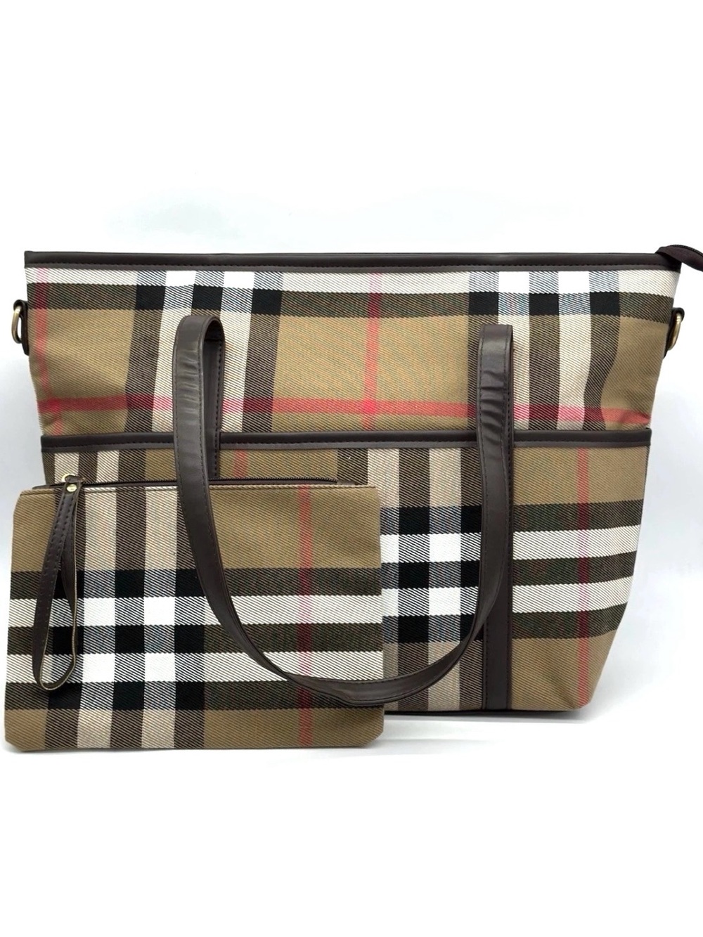 2 pc Set Tan Plaid Canvas Tote with Matching Wristlet Khaki Pouch